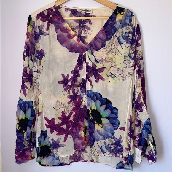 Kora Rae Blouse Top Silk Cream and Purple Graphic Floral Size Medium - Picture 1 of 6